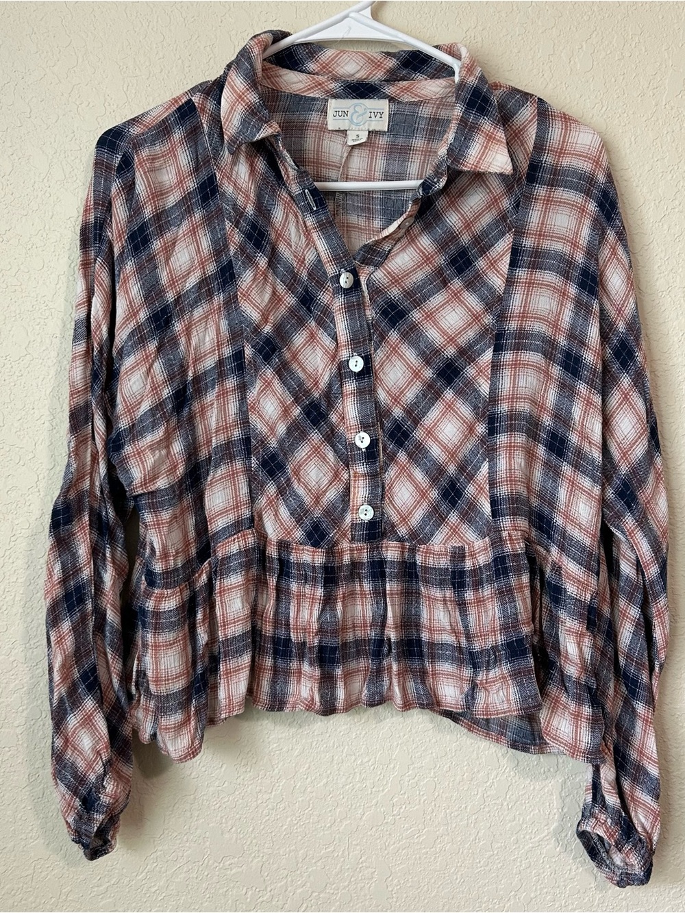 Navy and Rust Plaid Button-Down Peplum Shirt